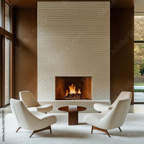 Modern living room with white brick fireplace and mid-century lounge chairs. Interior mockup with clean walls for pictures, posters, paintings, sculptures, and other wall art.