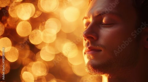 banner man meditating peacefully with eyes closed against a warm bokeh background, embodying concepts of wellness, mental health, and spiritual retreats. photo