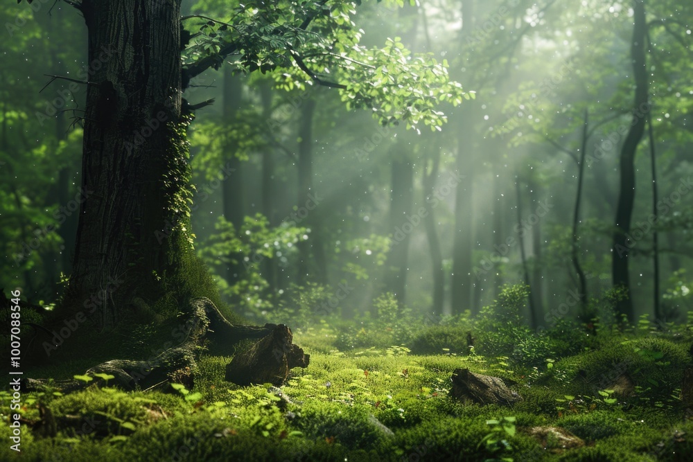 Obraz premium A serene forest scene featuring lush green grass and towering trees, ideal for environmental or outdoor-themed projects