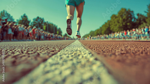 ants eye view of runner at starting line, surrounded by cheering crowd, captures excitement and energy of race. vibrant atmosphere is palpable photo