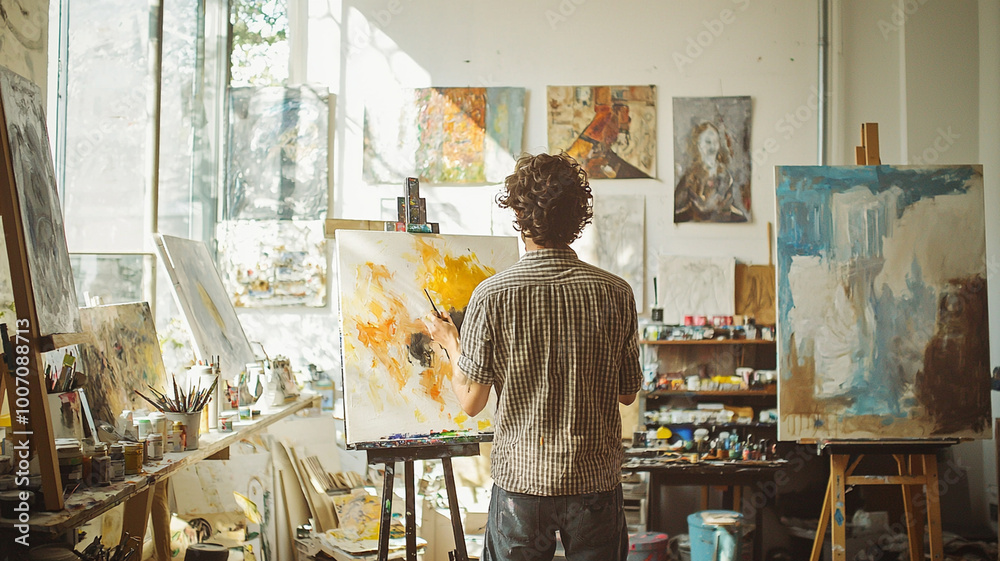 artist in bright art studio, focused on creating vibrant painting with warm colors. space is filled with various artworks and art supplies, inspiring creativity artist in bright art studio, focused on creating vibrant painting with warm colors. space is filled with various artworks and art supplies, inspiring creativity