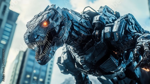 A futuristic robotic dinosaur with metallic armor and glowing eyes, engaged in battle in a high-tech cityscape. This dynamic scene blends prehistoric creatures with sci-fi technology for an action-pac photo