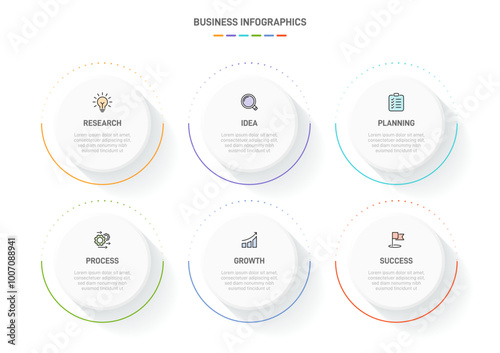 6 clean infographic design shaped elements template, symbolizing the six stages of business strategy and progression. Progress bar or timeline. Vector for presentation, web site or app.