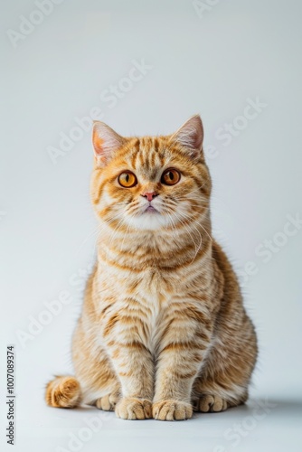 Close-up of an orange tabby cat sitting on a white surface, ready for use in advertising, editorial or personal projects