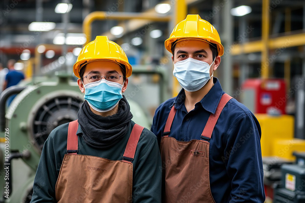 Engineer teamwork worker wearing disposable face mask Engineer teamwork worker wearing disposable face mask