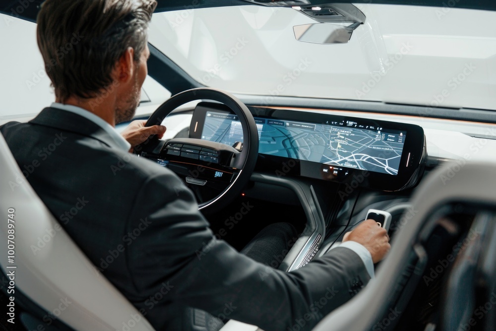 A man in a suit behind the wheel of a car A man in a suit behind the wheel of a car