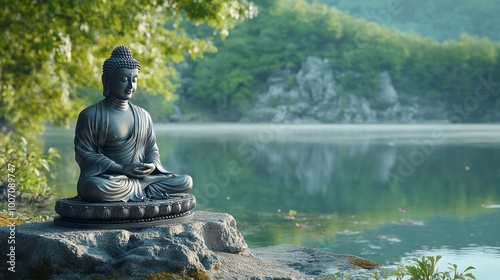 Buddha statue meditating on a lake shore. Buddha statue on the shore of a lake. Buddha statue meditating. statue of the Buddha on a wild nature background with copy space. photo