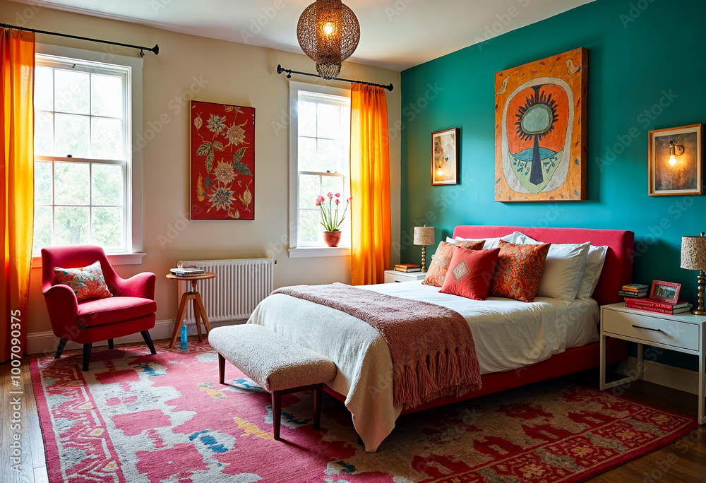 Fototapeta premium Bohemian Chic Bedroom Interior Design with Vibrant Colors and Eclectic Decor