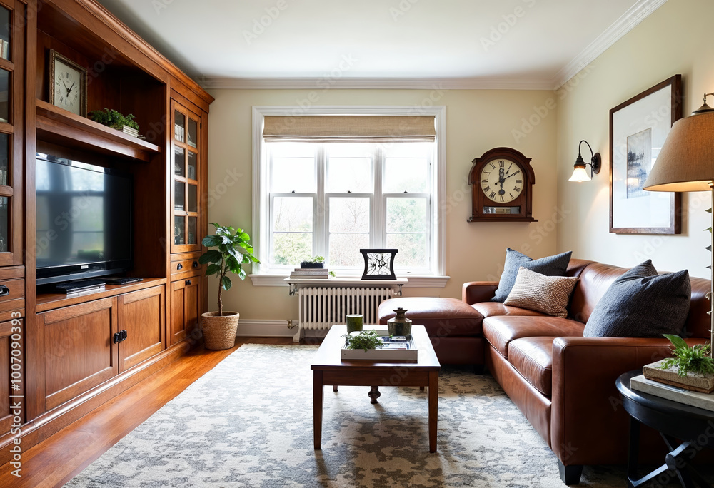 Cozy living room interior with leather sofa wood furniture and large window