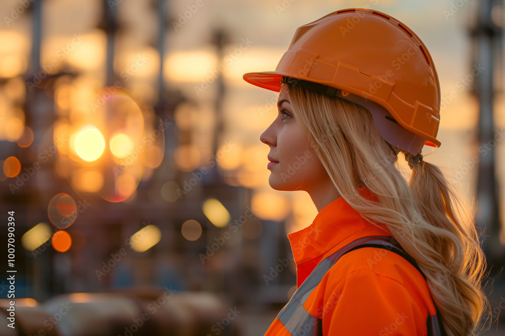 Blonde woman in an orange hard hat stands at an oil plant. Blonde woman in an orange hard hat stands at an oil plant.