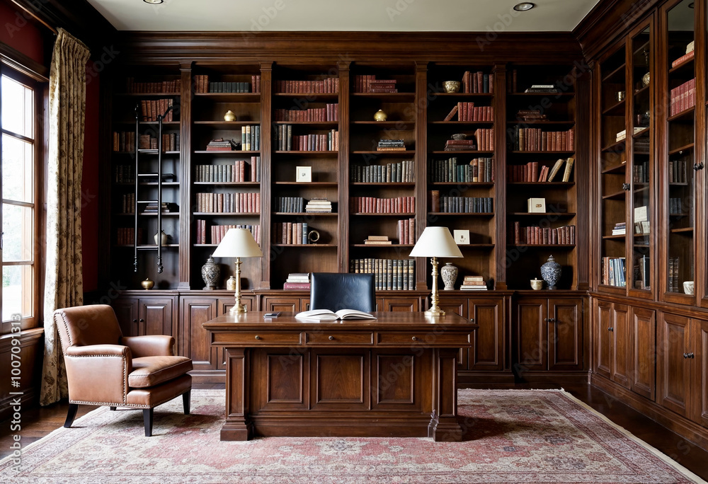 Traditional Home Office Interior Design with Classic Wood Desk and Bookshelves Leather Chair and Area Rug