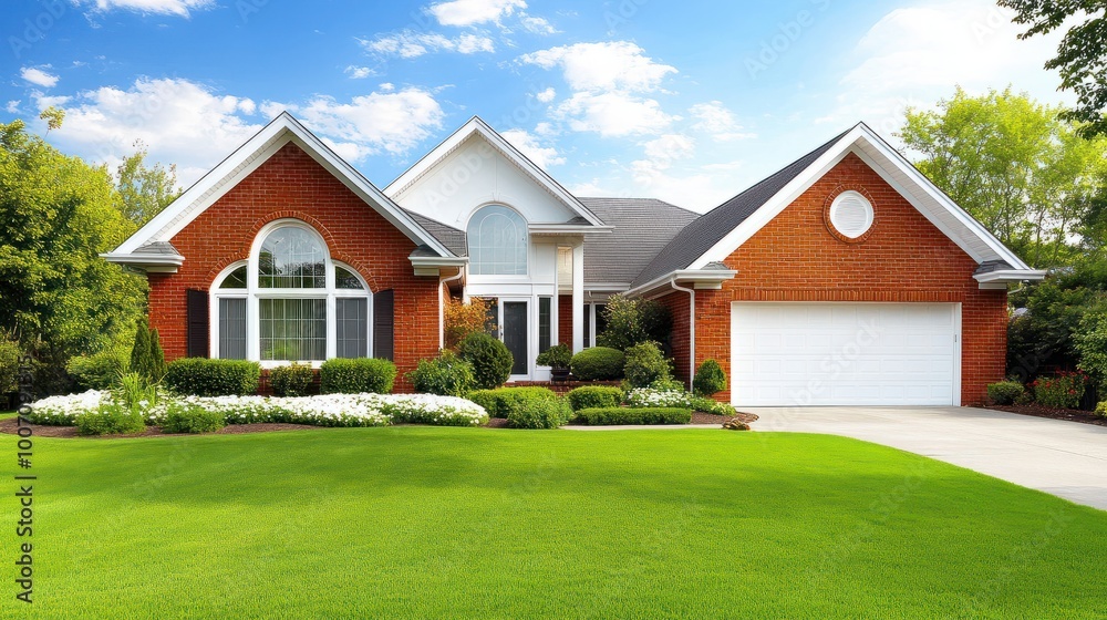A classic suburban home with a red brick facade, white trim, and a neatly manicured front lawn, perfect for family living. A classic suburban home with a red brick facade, white trim, and a neatly manicured front lawn, perfect for family living.