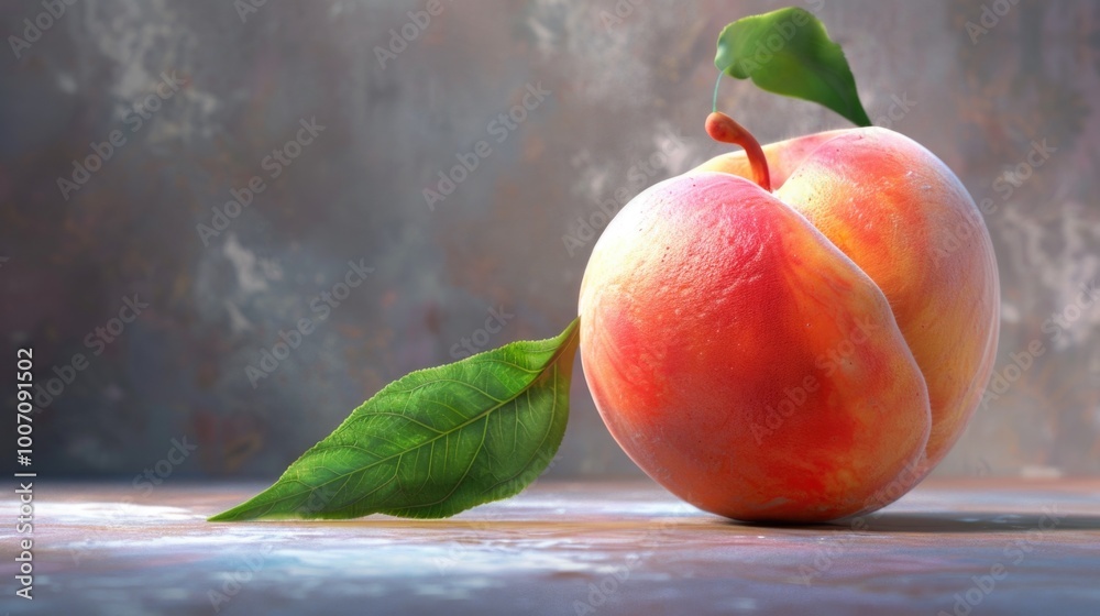 Fresh peach sitting on a table with a single leaf beside it, perfect for food photography or still life compositions Fresh peach sitting on a table with a single leaf beside it, perfect for food photography or still life compositions