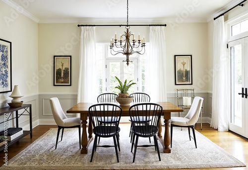 Bright airy dining room interior design with farmhouse table chandelier and french doors open to backyard patio furniture home decor renovation remodel real estate staging photo