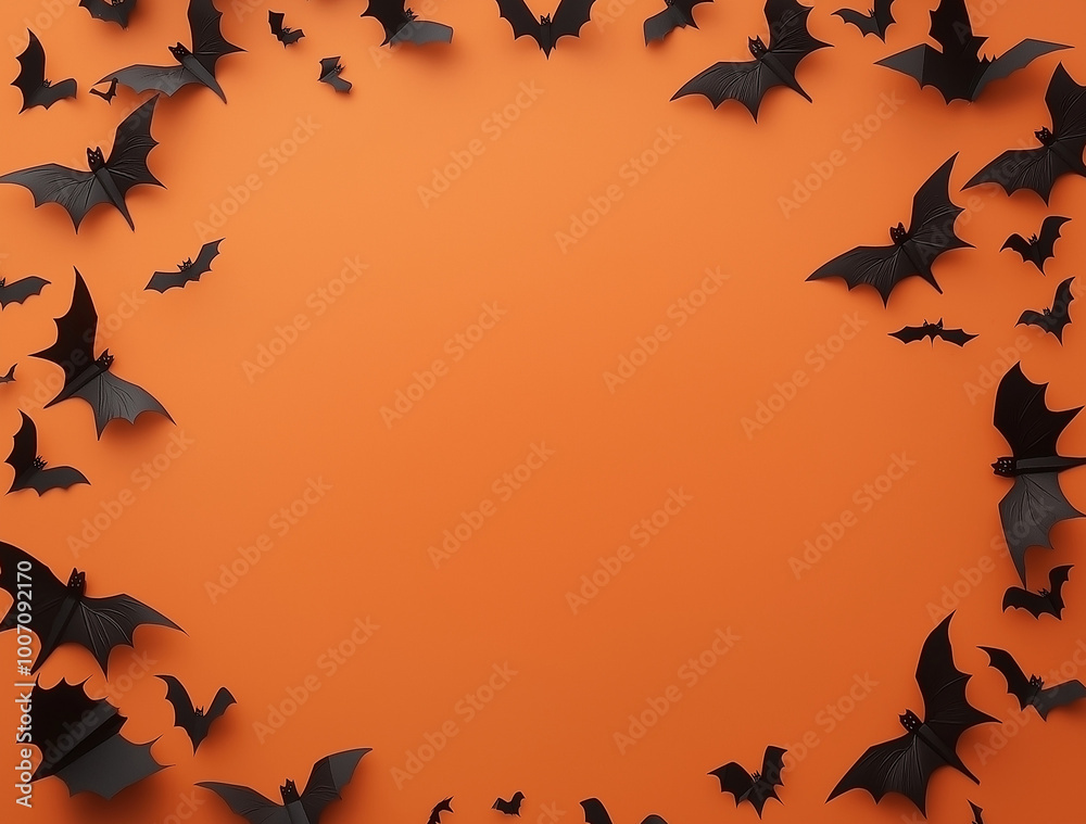 Halloween background with a frame made of spooky elements, top view. Spooky party decoration on an orange-colored paper surface. Halloween background with a frame made of spooky elements, top view. Spooky party decoration on an orange-colored paper surface.