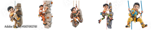  Asian man mascot rock climbing, 3D cartoon illustration, isolated on transparent  background, cute animated style, beautiful colors, generative ai