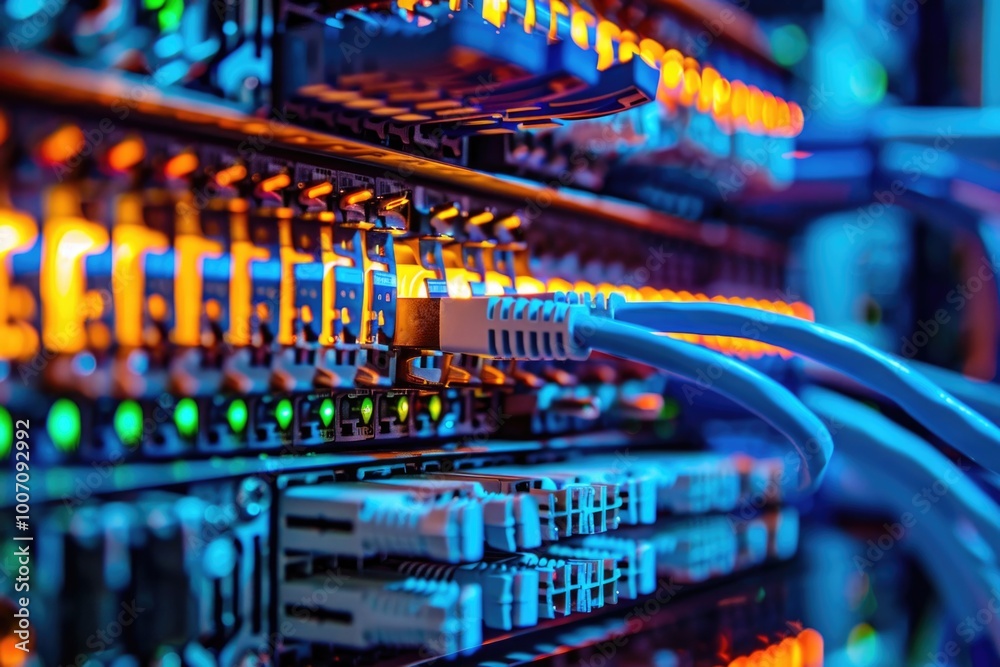 A close-up of wires in a server, ideal for technology and IT-related projects A close-up of wires in a server, ideal for technology and IT-related projects