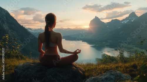 Facing back young woman practicing meditation or yoga, sitting on a rock over the mountain with beautiful lake view at sunrise or sunset.