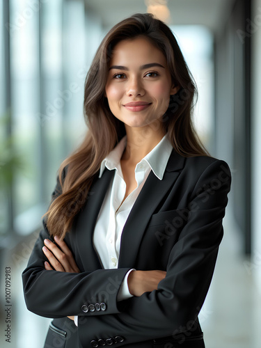 Confident Businesswoman in Modern Office Setting with Arms Crossed. Free Download Confident Businesswoman in Modern Office Setting with Arms Crossed. - GFXLoad