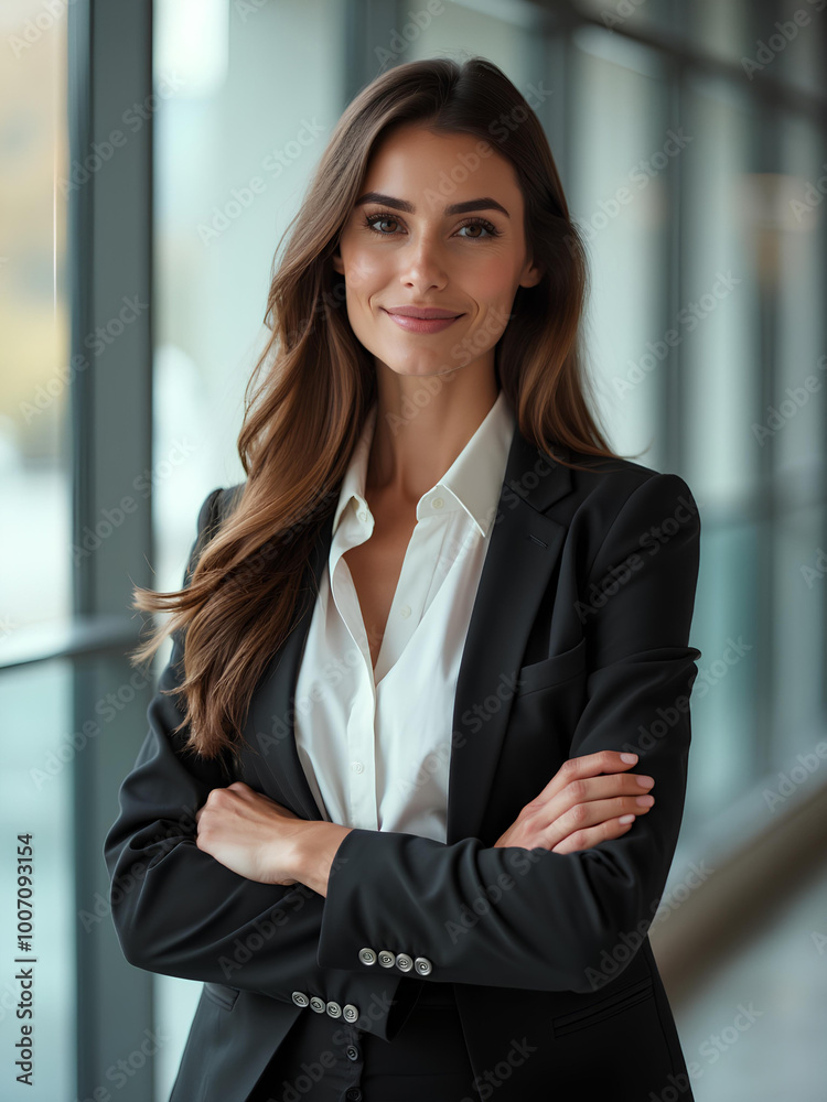 Confident Businesswoman in Modern Office Setting with Arms Crossed. Confident Businesswoman in Modern Office Setting with Arms Crossed.