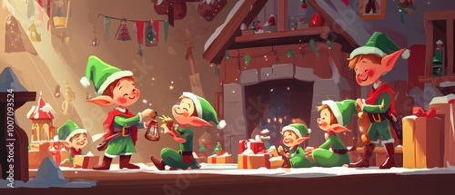 Wallpaper Mural A group of elves are playing in a room with a fireplace Torontodigital.ca