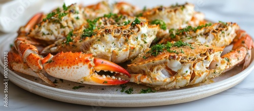 Close-up of cooked crab claws with herbs on white plate.