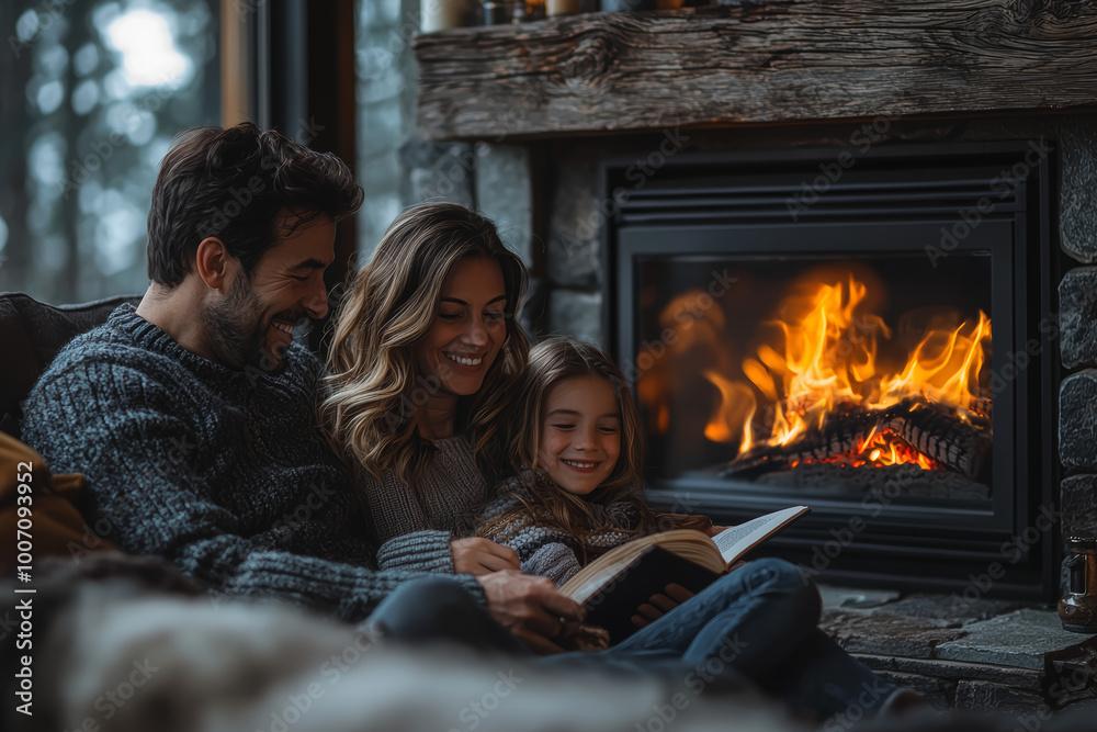 A family gathered around the living room fireplace, reading stories and sharing cozy moments on a chilly evening.