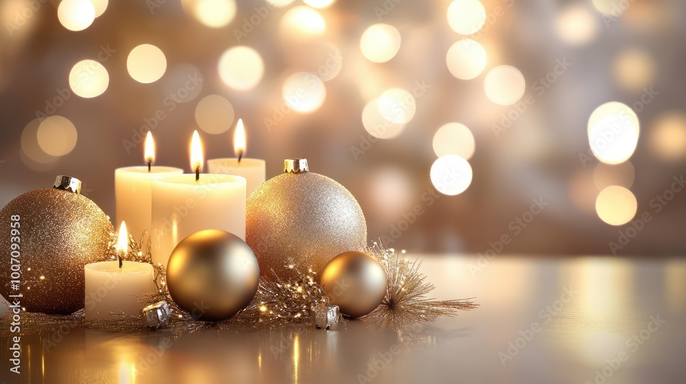 A collection of sparkling gold Christmas ornaments, reflecting candlelight, creating a warm and cozy holiday atmosphere. A collection of sparkling gold Christmas ornaments, reflecting candlelight, creating a warm and cozy holiday atmosphere.