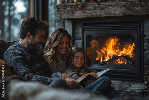 A family gathered around the living room fireplace, reading stories and sharing cozy moments on a chilly evening. photo