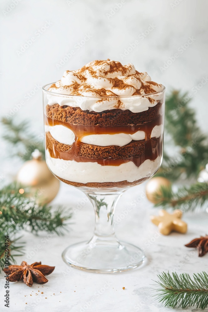 gingerbread trifle, layered with spiced gingerbread cake, whipped cream, and caramel sauce in a clear glass gingerbread trifle, layered with spiced gingerbread cake, whipped cream, and caramel sauce in a clear glass
