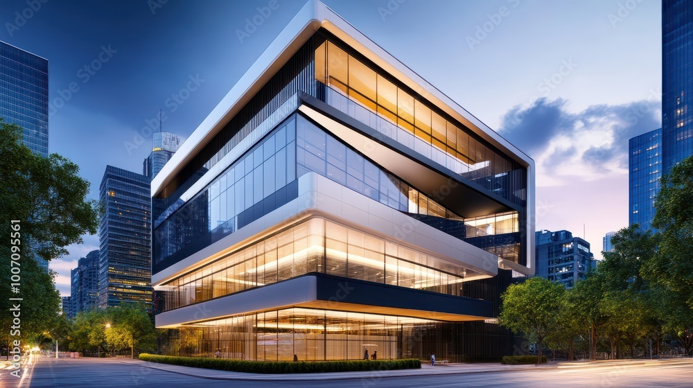 A contemporary office building with a sleek design, featuring a mix of metal and glass, surrounded by city streets and trees. A contemporary office building with a sleek design, featuring a mix of metal and glass, surrounded by city streets and trees.