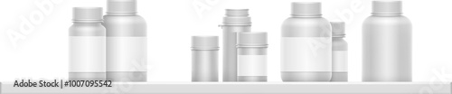 Pharmacy mockups. Blank realistic plastic drug bottles