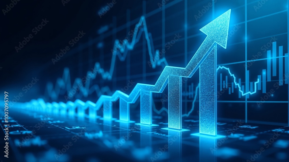 The picture of blue background with the arrow standing for stock index increase or business development in the financial world graph indicate upward trend The picture of blue background with the arrow standing for stock index increase or business development in the financial world graph indicate upward trend