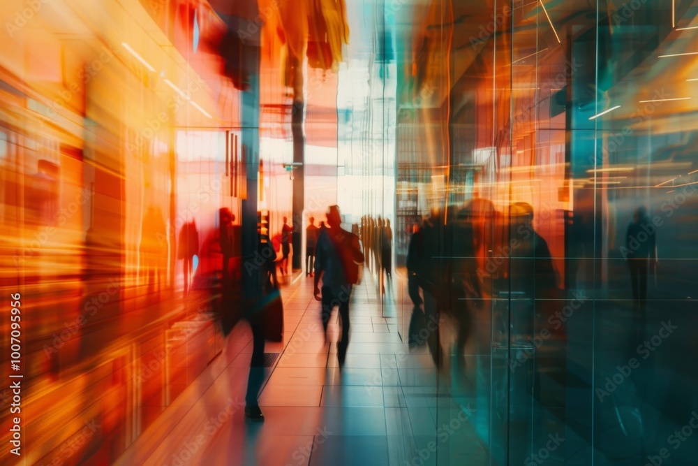 Energetic scene of a corporate hallway with blurred motion Energetic scene of a corporate hallway with blurred motion