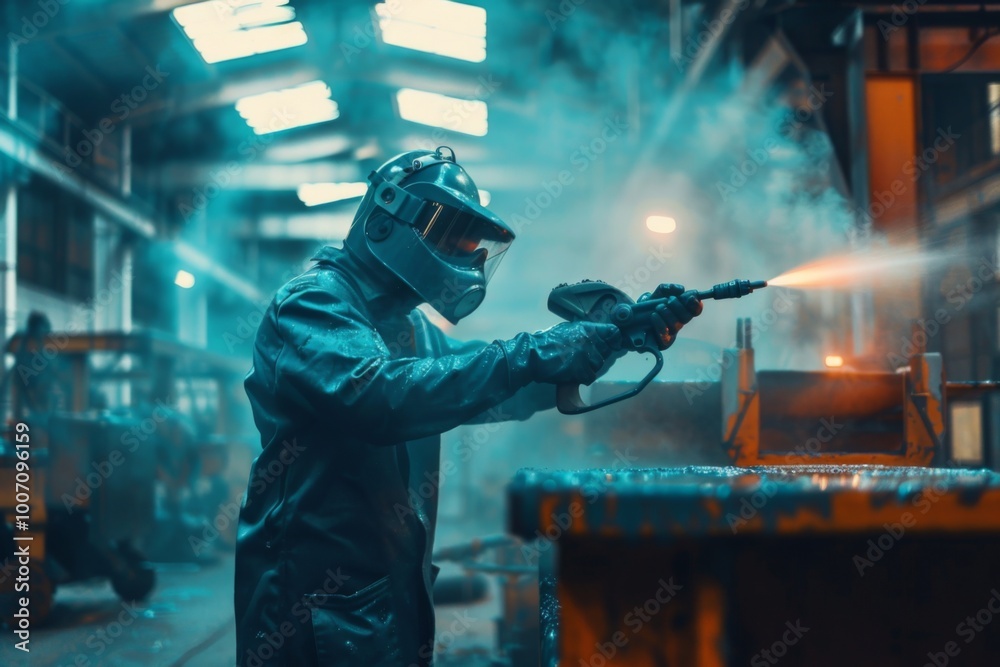 Factory worker applying paint with spray gun industrial manufacturing process Factory worker applying paint with spray gun industrial manufacturing process
