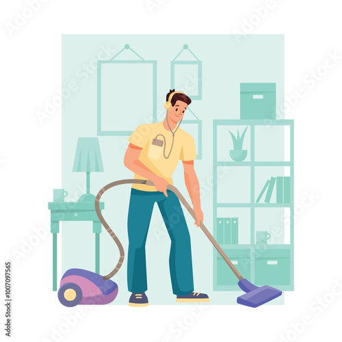Man Character Vacuum Cleaning Floor Do Cleanup at Home Vector Illustration