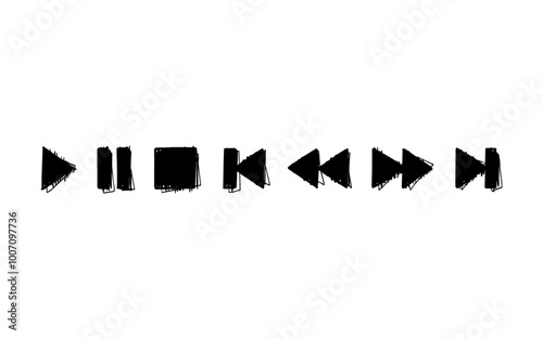 Doodle set of Music Player Controls - Play, Pause, Next, Previous Icons Drawn in Brush/Marker Style