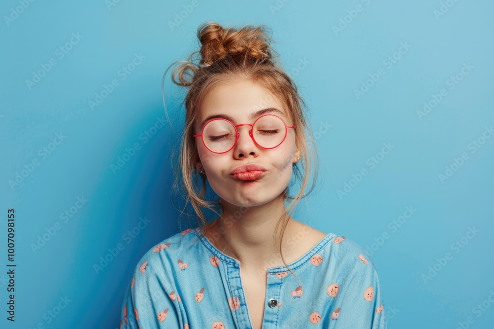 A young girl wearing glasses and making a playful expression, great for illustrations or designs needing a youthful touch A young girl wearing glasses and making a playful expression, great for illustrations or designs needing a youthful touch