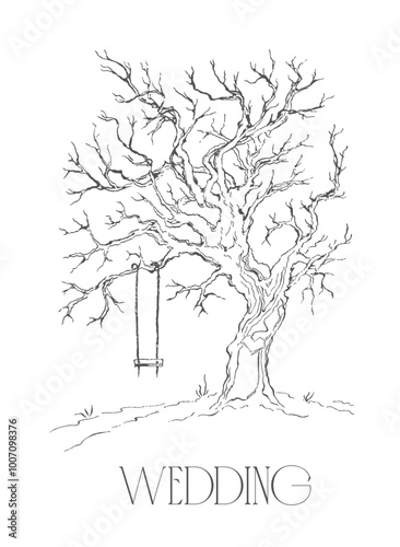 silhouette of a tree with a heart on the trunk with bare branches for fingerprint printing instead of leaves at the wedding