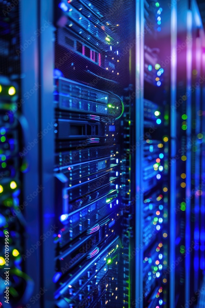 Data center server rows with multiple machines and networking equipment Data center server rows with multiple machines and networking equipment