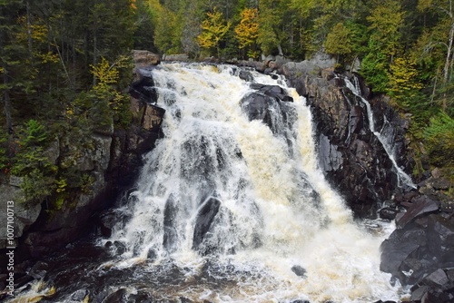 raging water coming down the Diable waterfall in an Autumn landscape, Mont-Tremblant National Park Laurentian Mountains, Quebec Canada