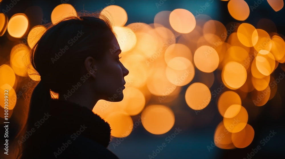silhouette back light of a girl face with bokeh light, serene tranquil vibes