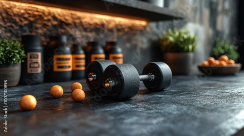 Athletic Black Gym Countertop Mockup with Dumbbells for Sports Promotion and Fitness Branding photo