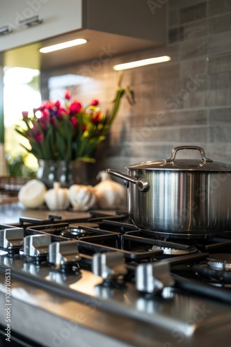 A pot sitting on a stove next to a vase of flowers