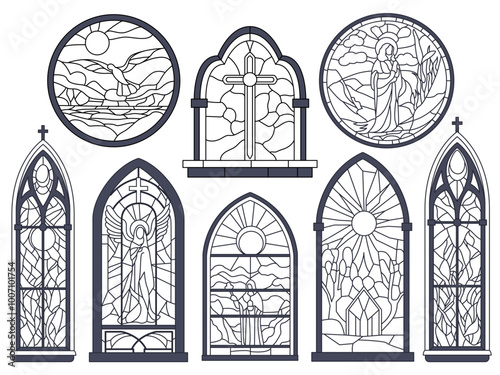 Stained glass outline windows. Church catholic and christian frames, architecture arched, round and pointed religious mosaic elements, gothic cathedral ornament, saint and angel, vector set