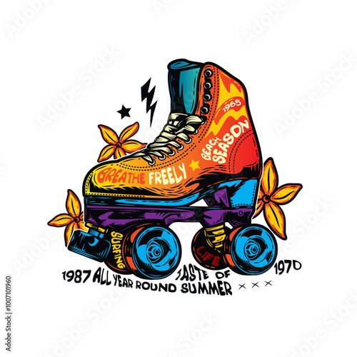 Roller skates with flowers on the background. Original vector illustration in vintage style. T-shirt design.