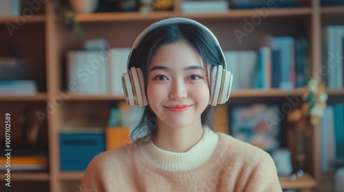 Asian woman wearing headphones is smiling and listening to music at home with bookshelf as background photo