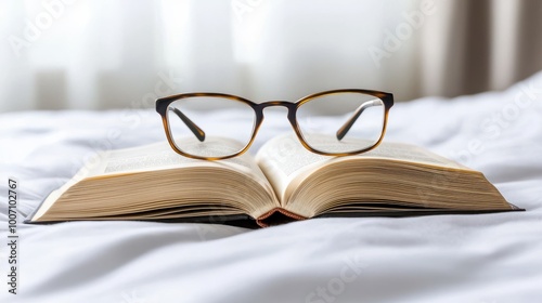 An open book lying on a bed with a pair of reading glasses on top, creating a cozy and relaxed reading environment. photo