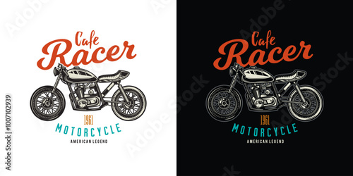 Cafe racer custom motorcycle. Original vector illustration in vintage style. T-shirt design.