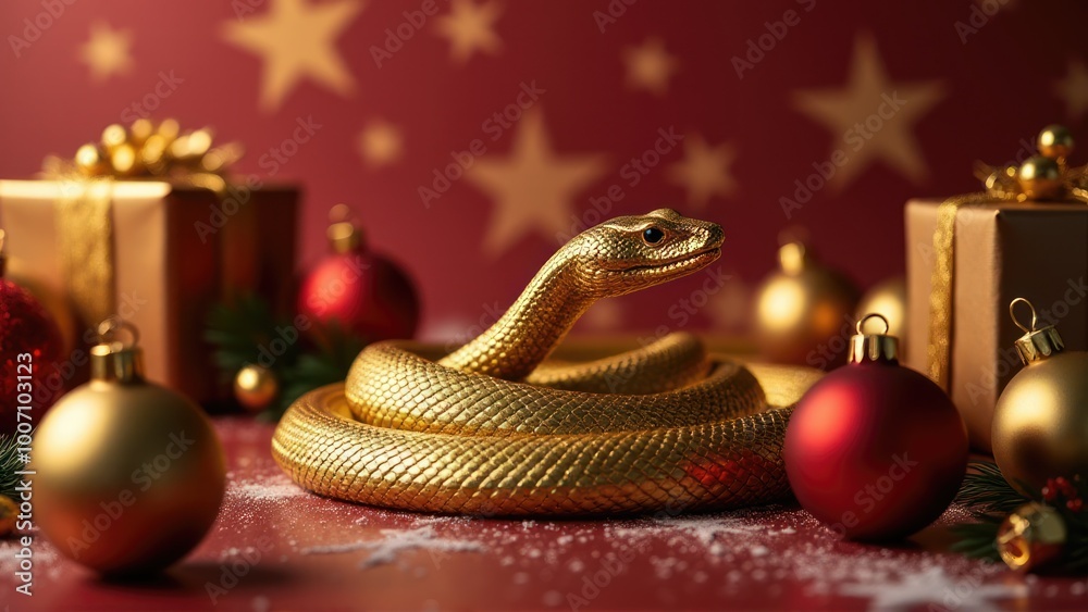 Golden snake lies near the Ghristmas gifts. Symbol of the coming New Year Golden snake lies near the Ghristmas gifts. Symbol of the coming New Year